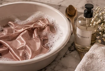 Editorial still life of a wash basin and folded towel, not a care demonstration.